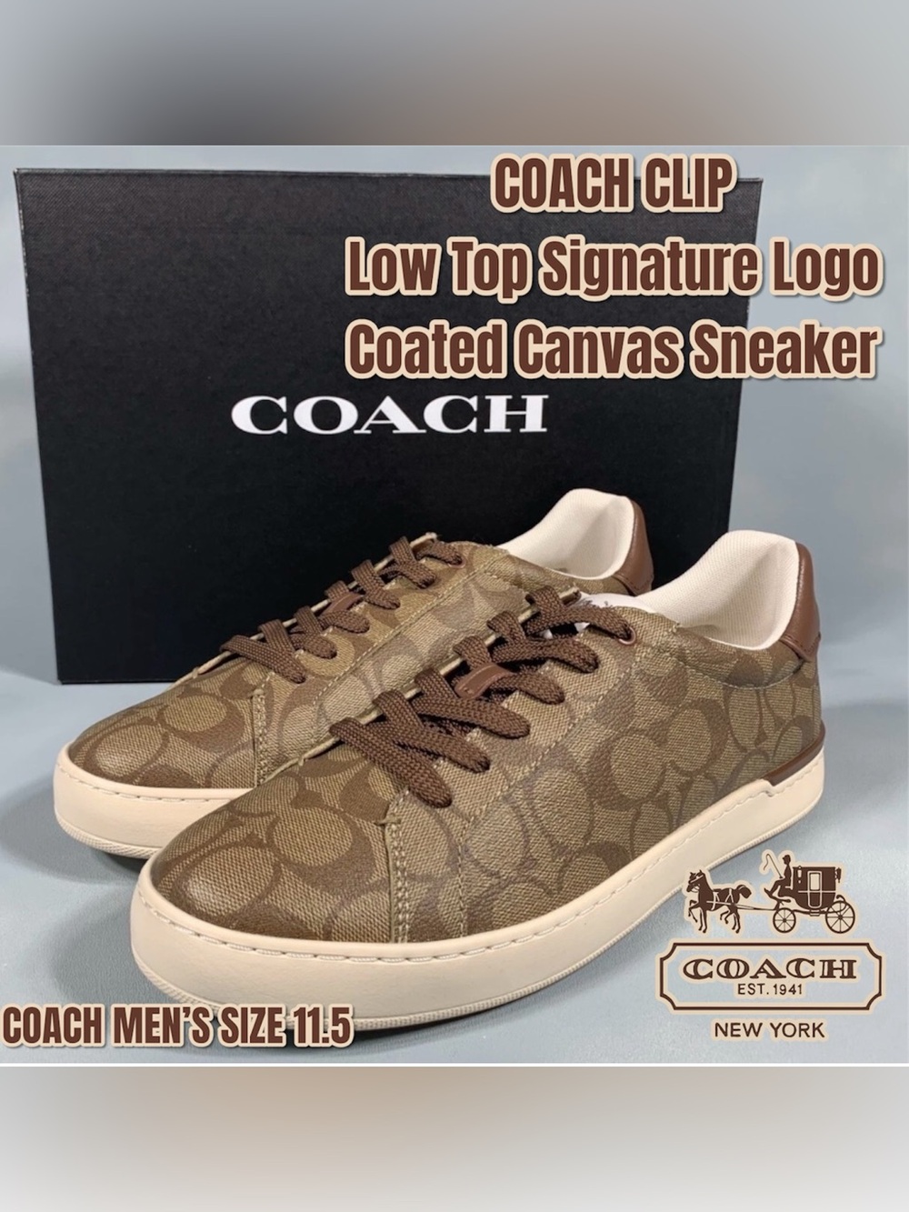 New Men’s COACH CLIP Signature Logo Coated Canvas Sneaker/ Shoe Size 11.5